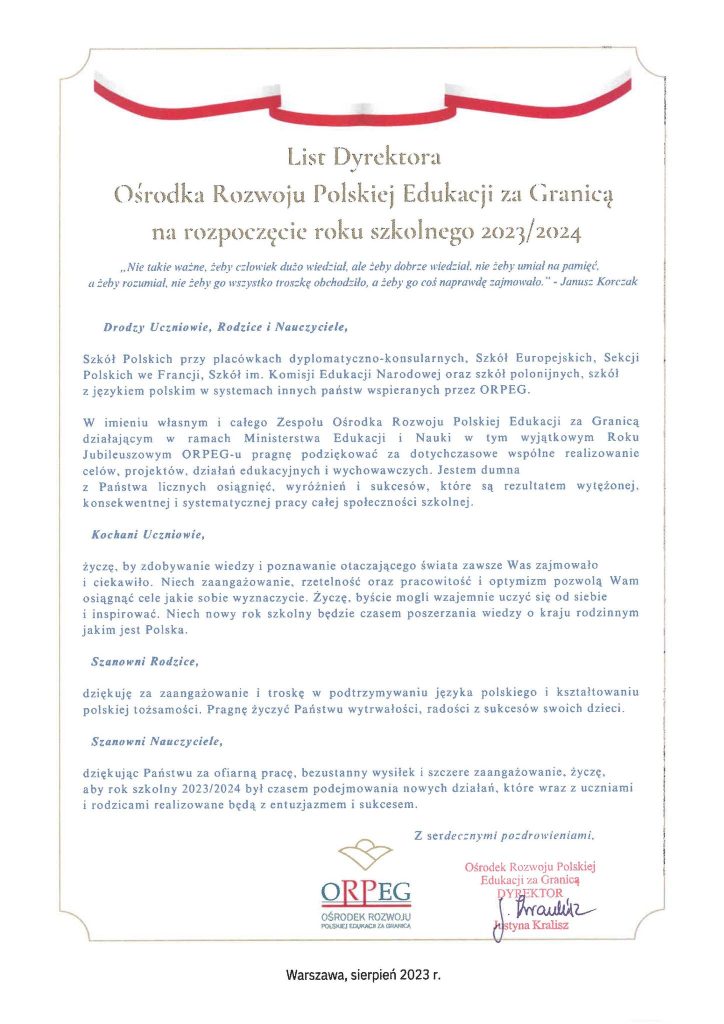 List dyr. Justyny Kralisz na rozpoczęcie roku szkolnego 2023/2024